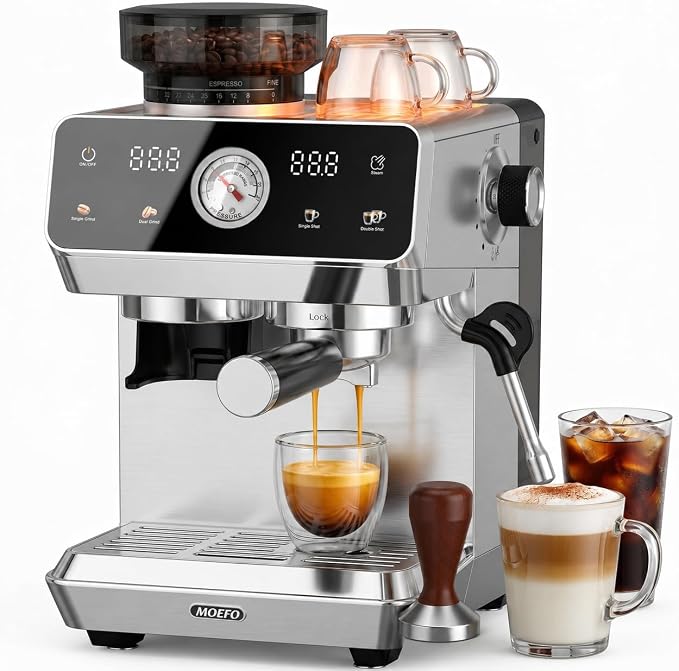 Semi-Automatic Espresso Machine with Grinder, 20 Bar, Touchscreen & Pressure Gauge