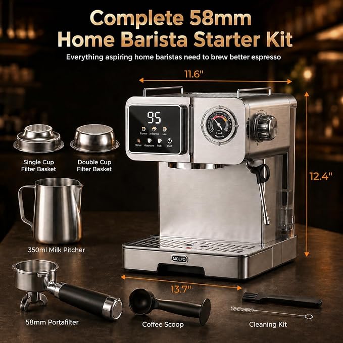 20 Bar 58mm Semi-Automatic Espresso Machine | Milk Frother, Gauge & LCD