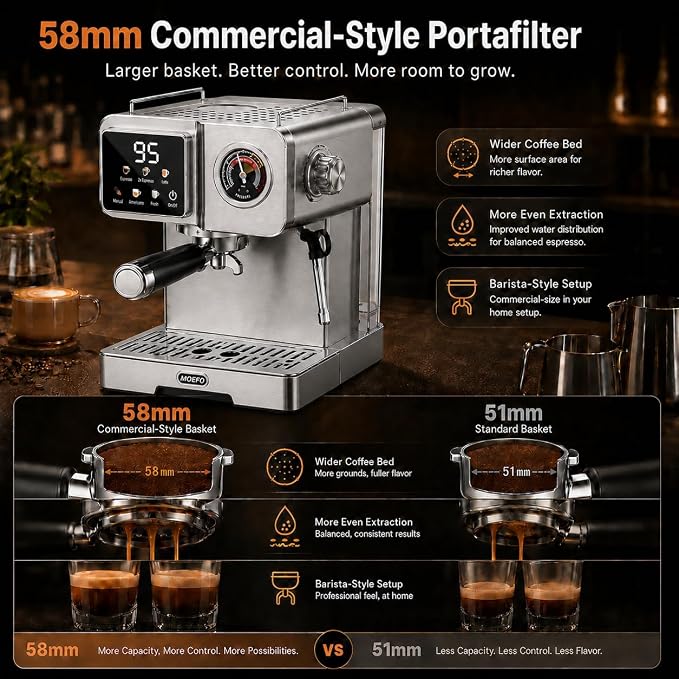 20 Bar 58mm Semi-Automatic Espresso Machine | Milk Frother, Gauge & LCD